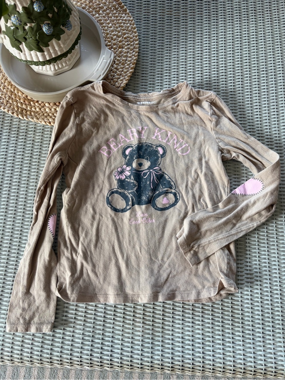 Cat & Jack Beige Long Sleeve Tee with Black & Pink Bear Graphic